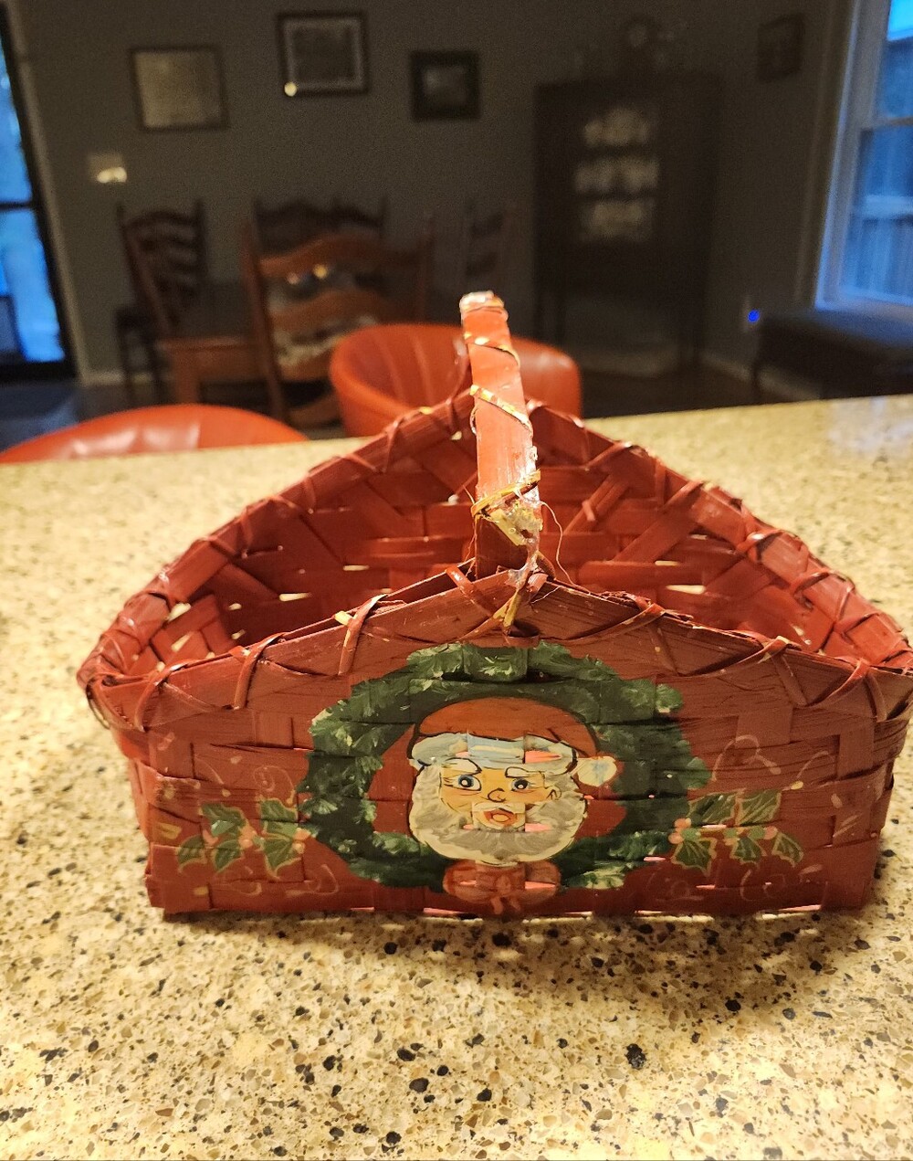 Vintage Hand Painted,Holiday Red Woven Santa Basket - Festive Home Holiday Decor